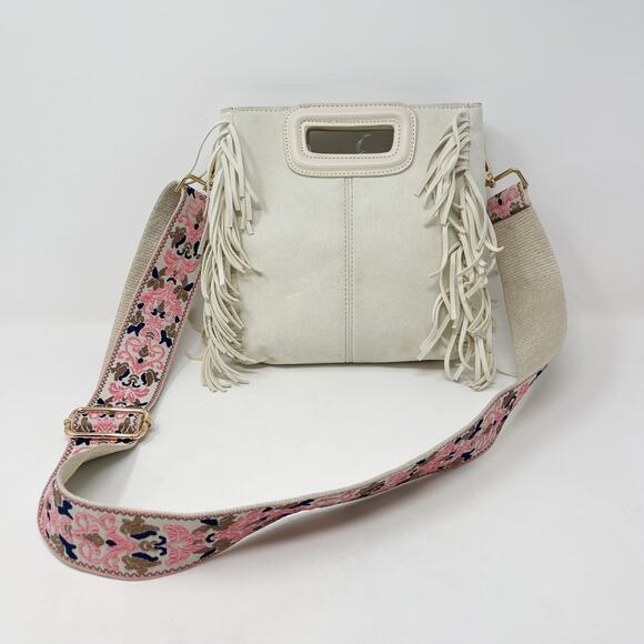 Ahdorned Cream Faux Suede Fringe Crossbody Bag with Pink Brown Wide Boho Strap - Picture 4 of 11